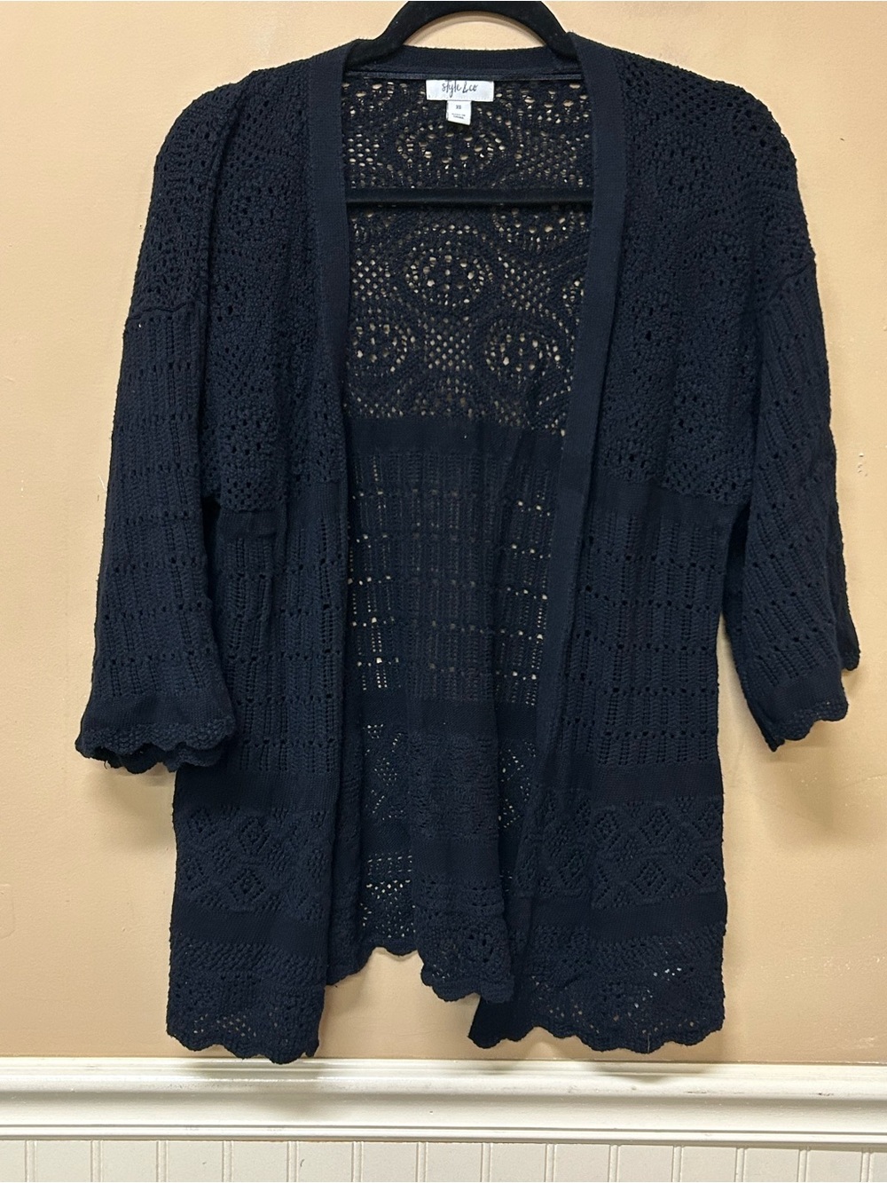 Style & co Black open crochet style Knit sweater Size XS 3/4 Sleeve